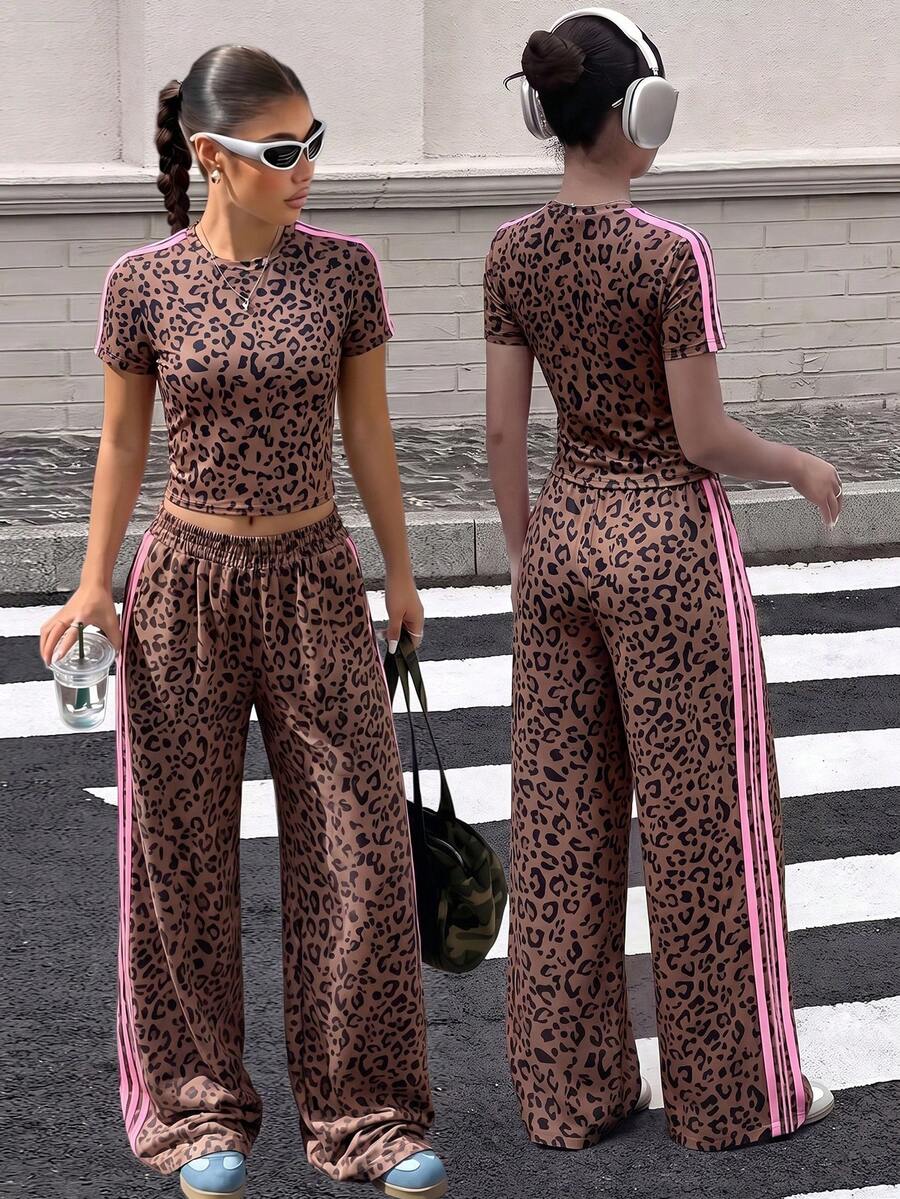 SHEIN 2pcs/Set Teen Girls Short Sleeve & Long Pants Set, Bow Ribbon Pink, Suitable For Spring/Summer, Sports & Commute - Brown - View 1