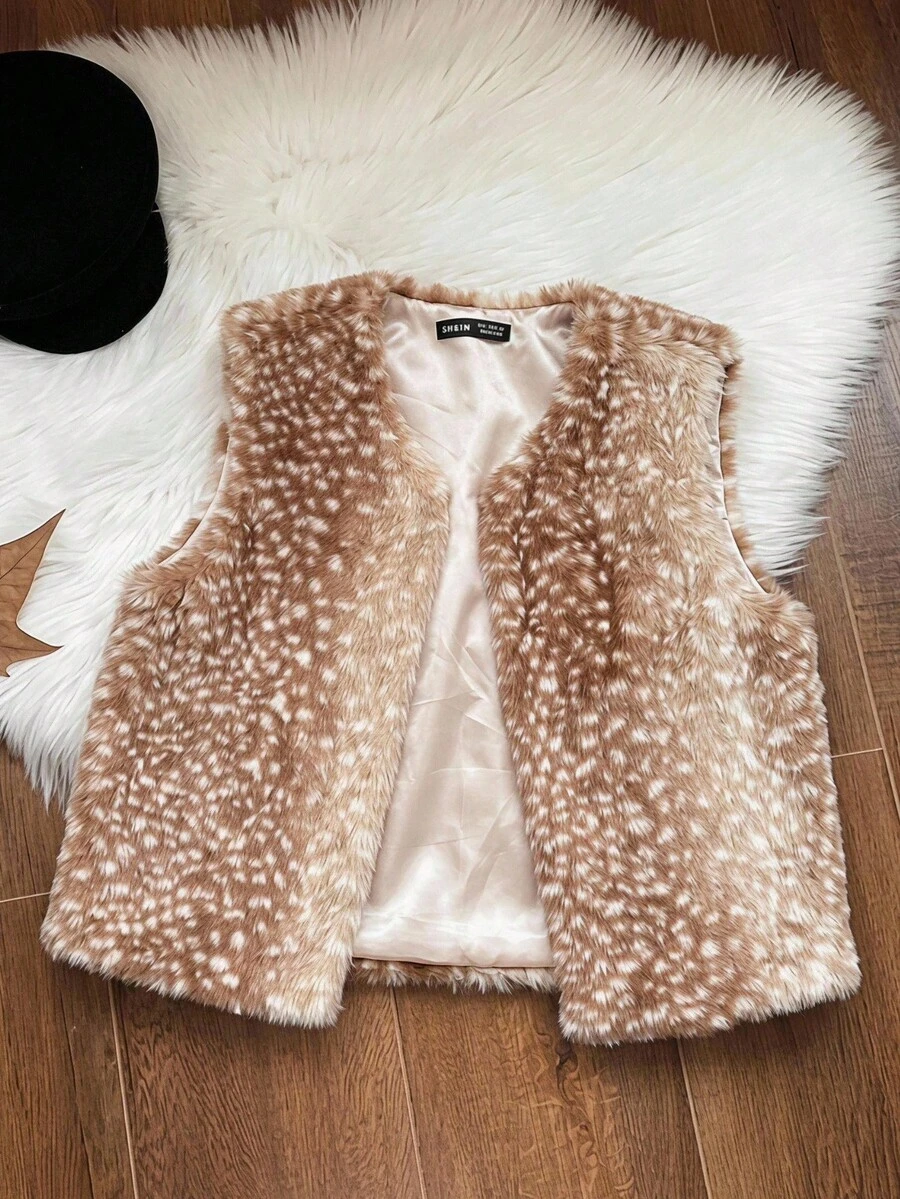 SHEIN EZwear 復古70年代優雅休閒街頭風棕色與白色波點人造毛無袖背心，生日旅行杜拜假期冬季日常穿搭