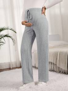 SHEIN 孕婦純色可調腰圍休閒百搭日常穿著長褲 - 淺灰色 - 查看 3