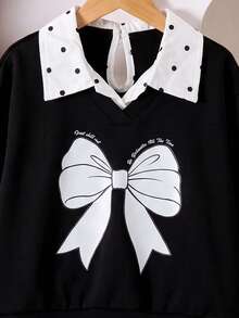 SHEIN Elladie kids 女童 4-7 歲白色泡泡袖上衣 前綁帶鈕扣開襟 優雅時尚 柔軟透氣 秋季生日派對拍照休閒上學穿搭 - 黑色 - 查看 3