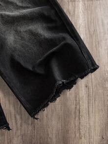 Manfinity Joysei Plus Size Men's Black Distressed Trim Loose Denim Shorts,Summer Oversized Baggy Jorts,Evening Front Button Pocket Emo Style For Husband Gifts - Black - View 4