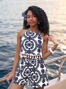 SHEIN Tween Girl Casual Floral Print Summer New Top + Shorts Set, Elegant Style - Multicolor - View 1