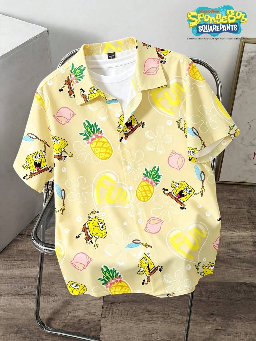 SpongeBob SquarePants | SHEIN Daypath 男士鳳梨圖案短袖單排扣休閒襯衫 - 黃色 - 查看 1