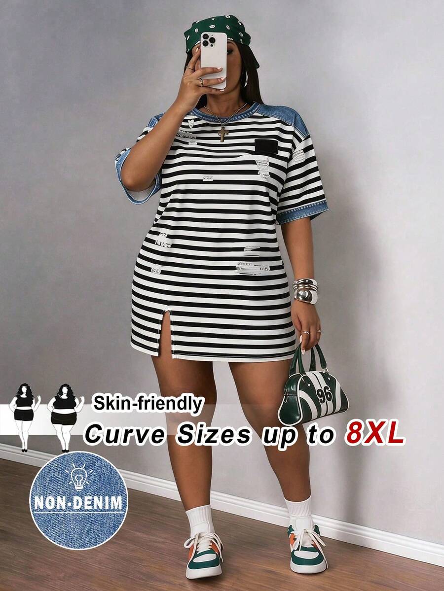 SHEIN CURVE+ Plus Size Casual Vacation Loose Fit Side Slit Short Sleeve Dress Holiday, Fall Winter 2026 22W - Multicolor - View 1
