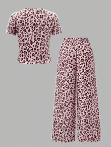 SHEIN 2pcs/Set Teen Short Sleeve & Long Pants Outfit, Pink Bow Ribbon, Suitable For Spring/Summer, Sports & Commute - Pink - View 6