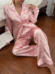 CottageSlumber Women's Faux Silk Heart Print Open Front Lapel Long Sleeve Pants Pajama Set - Pink - View 4
