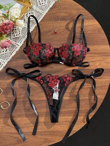 SHEIN 女款天藍色刺繡細肩帶內衣套裝 2件組 - 黑色 - 查看 3