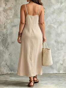 Linhara CURVE Plus Size Elegant Versatile Spaghetti Strap V-Neck Hem Slit Vacation Beach Dress - Apricot - View 2