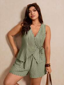 Elaquor Plus Size 2-Piece Set, V-Neck Sleeveless Sage Green Shirt, Elegant Boho Casual Office Vacation Outfit, Shorts Tie-Up Business Commuter Suit Summer - Green - View 7