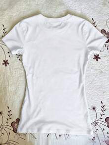 IslaSuriya Camiseta para mujer, camiseta de cuello redondo, camiseta de ajuste ceñido, camiseta de estilo minimalista casual para mujer, adecuada para uso casual diario, top de manga corta para mujer, top de verano para mujer, último top para mujer, top de moda, camiseta con estampado de mono - Blanco - Ver 2
