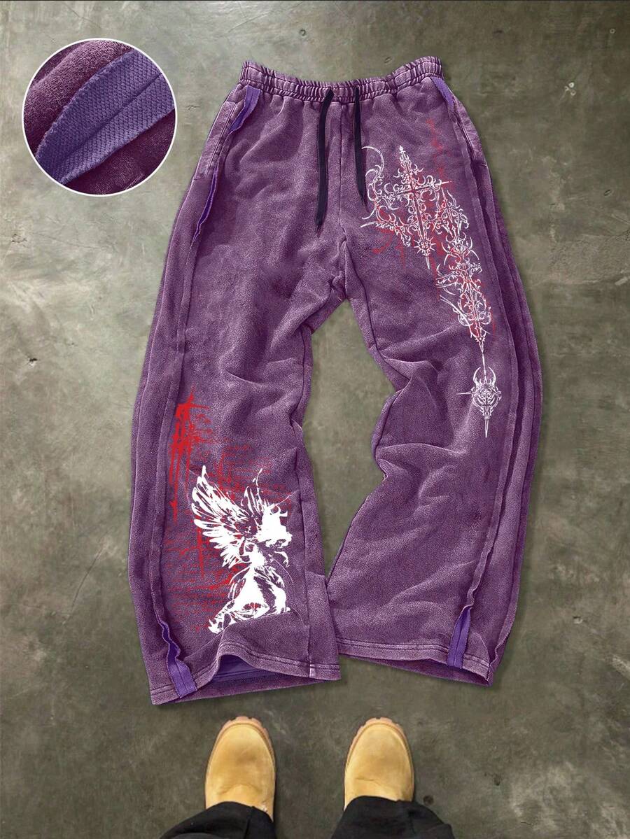 ROMWE MEN Street Life Men's Casual Washed Vintage Print Sweatpants - Purple - View 1