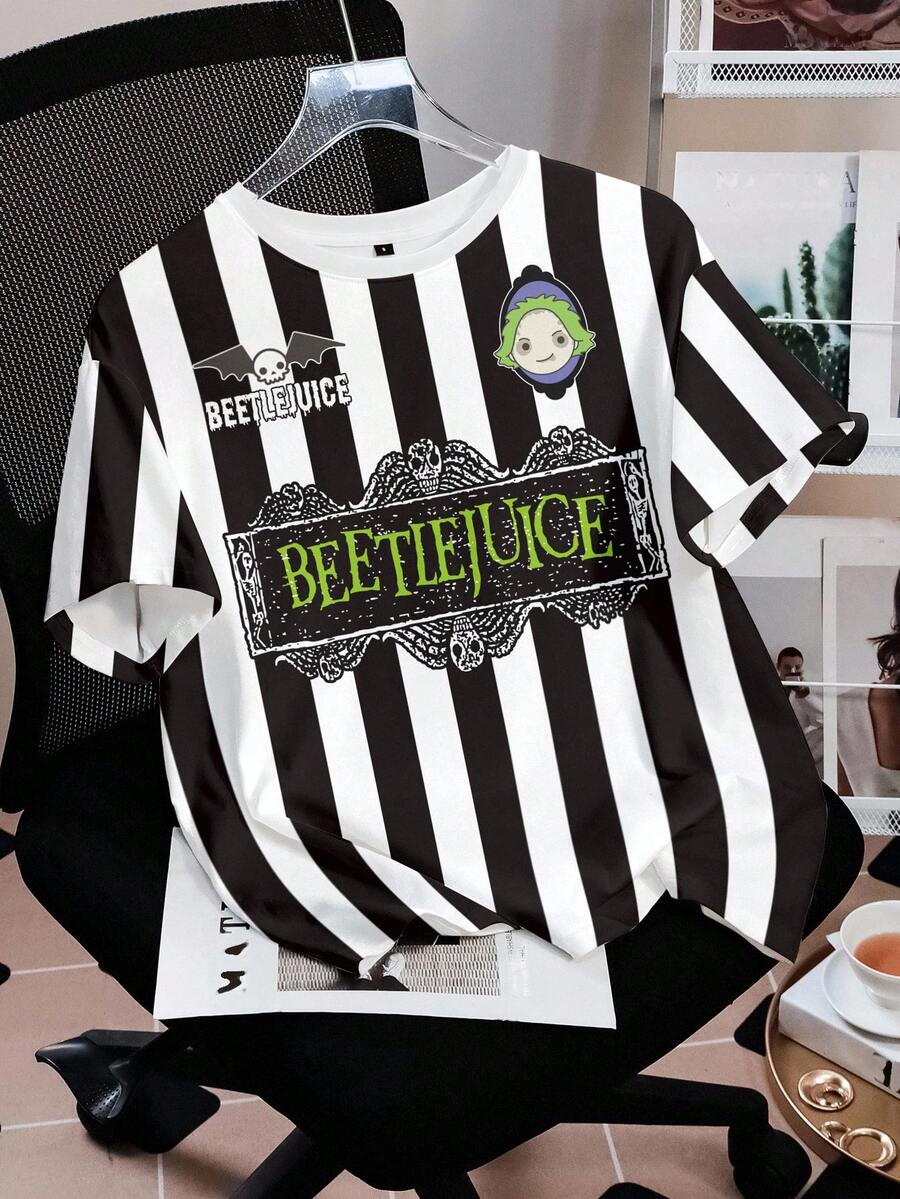 Beetlejuice X SHEIN Women's Black And White Striped Letter Print Round Neck Short Sleeve T-Shirt For Daily Wear Halloween Day Time Holiday Summer Streetwear Casual - White - View 1