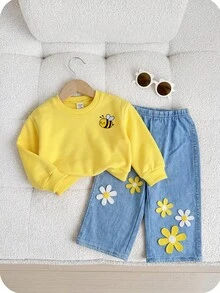 SHEIN 2pcs Baby Girl Floral Pattern Knit Soft Crew Neck Long Sleeve Sweatshirt And Long Autumn Pants Set - Yellow - View 5