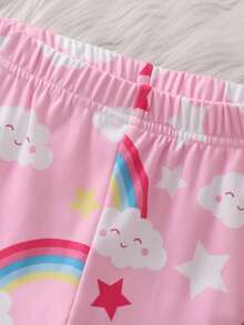 SHEIN 女童 2 件組雲朵彩虹月亮太陽圖案針織長袖緊身褲居家休閒套裝 - 粉色 - 查看 7
