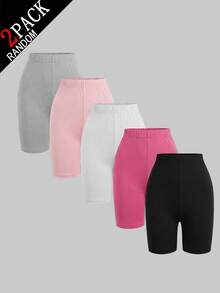 SHEIN Celana Pendek Ketat Warna Polos untuk Remaja Perempuan dengan Pinggang Elastis - MultiWarna - View 2