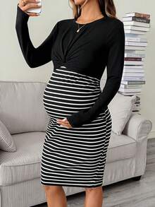 SHEIN 孕婦哺乳條紋拼色休閒日常夏季秋季洋裝 - 黑色 - 查看 5