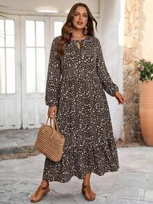 EMERY ROSE Plus Size Vacation Casual Ditsy Floral Dress Fall - Coffee Brown - View 6