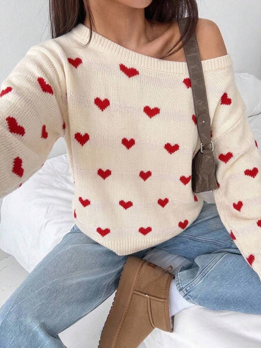 SHEIN Tween Girl Autumn/Winter Allover Heart Pattern Casual Home Heart One-Word Collar Pullover Loose Drop Shoulder Long Sleeve Sweater , Fall/Winter - Apricot - View 1