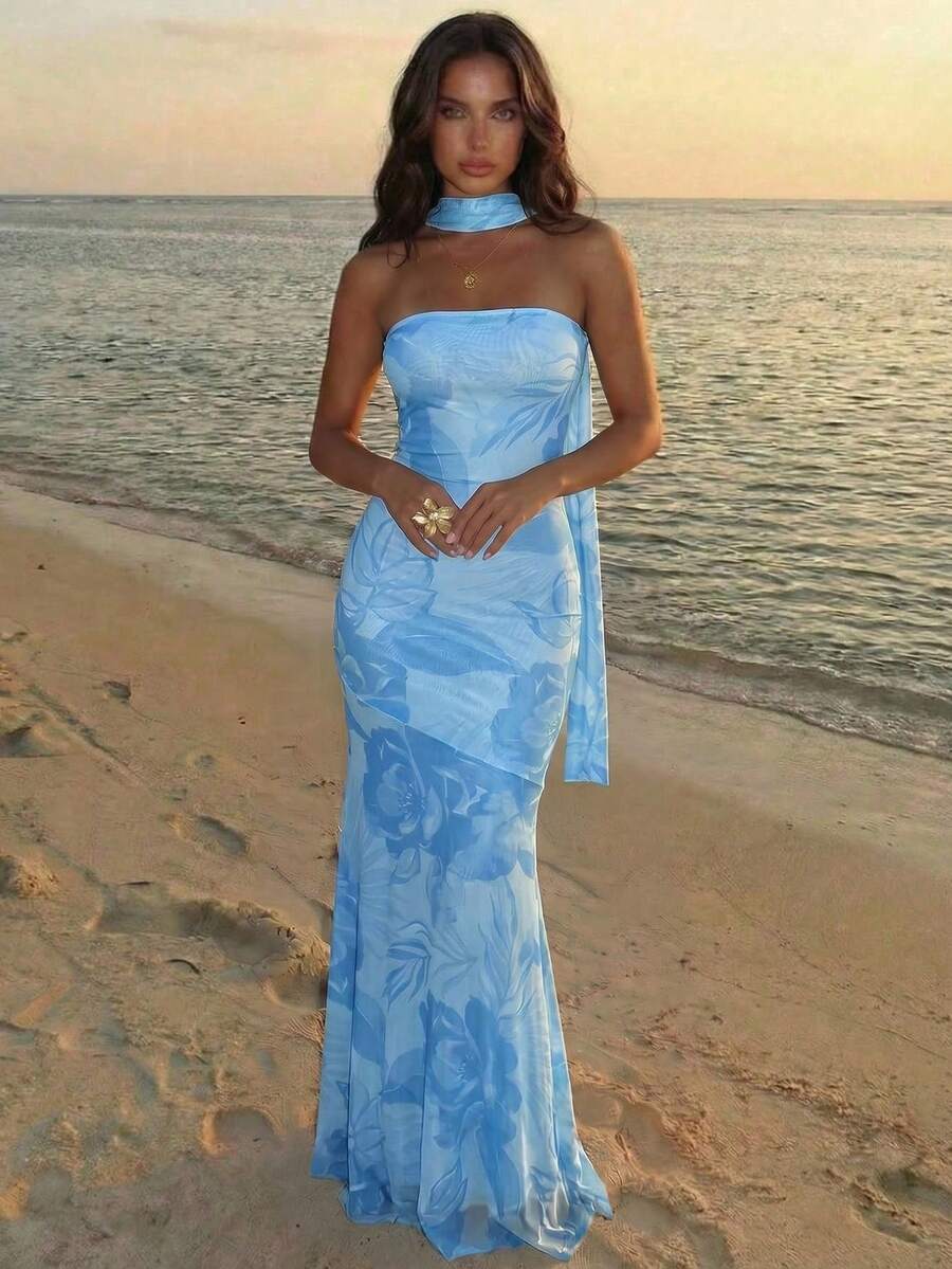 Aloruh Vestido Maxi Casual Elegante Estampado para Vacaciones de Mujer, Vestido Maxi con Cinta/Impresionante Vacación en la Isla/Vestido de Verano/Encantador Vestido Corto Sexy - Celeste - Ver 1