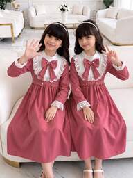 SHEIN Tween Girls Girls (Big) Back To School Essential Pink Preppy Style Elegant Exquisite Lace Trim Bow Full Skirt Mini Dress, Summer, Graduation, Outfit