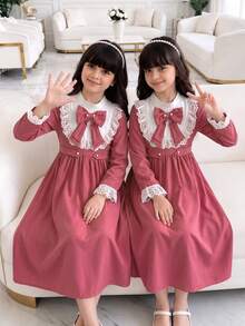 SHEIN 少女配色拼接對比蕾絲飾邊蝴蝶結裝飾洋裝 - 粉色 - 查看 1
