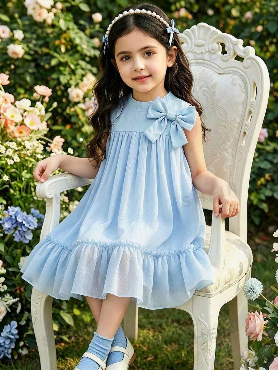 Souflis Souflis 法式风格少女夏季新款浅蓝色优雅纯色宽松休闲连衣裙，适合购物、外出、度假等场合。