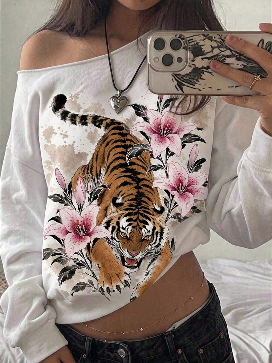 SHEIN EZwear 新款秋冬女款露肩長袖衛衣 Y2K 休閒街頭風 外出日常 白花卉 開學季