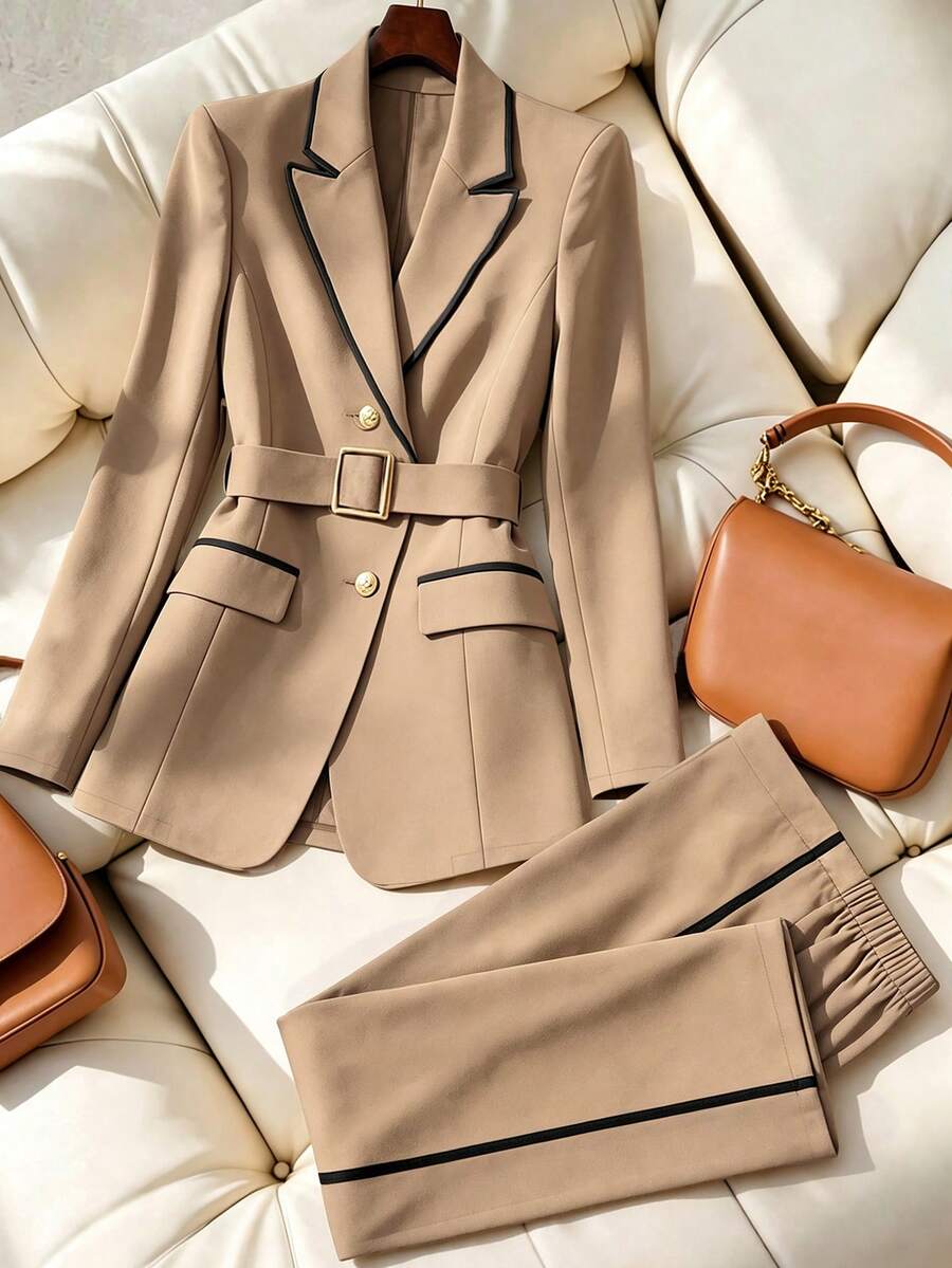 SHEIN LUNE CURVE Setelan Blazer dan Celana Panjang Wanita Ukuran Besar untuk Musim Panas, Cocok untuk Acara Kasual Elegan, Perjalanan Kantor, Kerja Bisnis, Jalan-jalan Sehari-hari, Pesta, Warna Hitam - Khaki - View 1