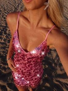 Glamine New Teal Sequin Backless Lace-Up Back Hem Tassels Glam Sexy V Neck Short Women Cami Dress For Party,Beach - Pink - View 3