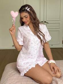 SweetSlumber Women's Sweet Cute Rabbit Cake Butterfly & Floral Print Ruffle Collar Short Sleeve Shorts Pajama Set - Pink - View 6