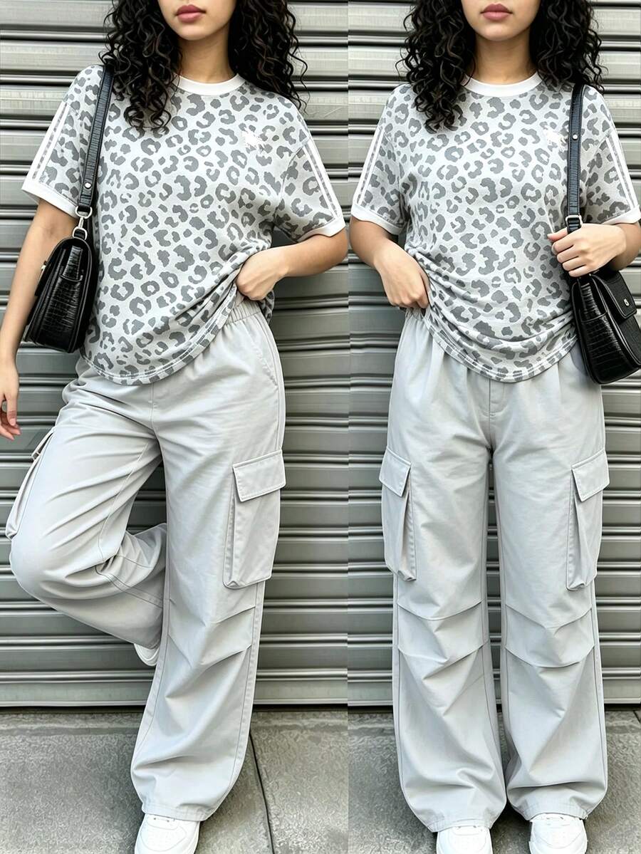 SHEIN 青少年女孩時尚豹紋圓領T恤與工裝褲套裝 - 彩色 - 查看 1