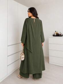 Solavon Plus Size Women Spring/Autumn Casual Solid Color High Slit Hem Long Top And Wide Leg Pants 2 Pieces Set Fall - Green - View 2