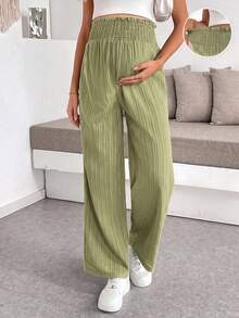 SHEIN Maternity Solid Color Ruffle Waist Wide Leg Loose Long Pants - Green - View 5