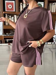 Muchica Spring/Summer Comfortable Casual Cowboy Chocolate Brown Plus Size 2 Pieces Set Vacation Office Sport Sport Sport - Brown - View 3