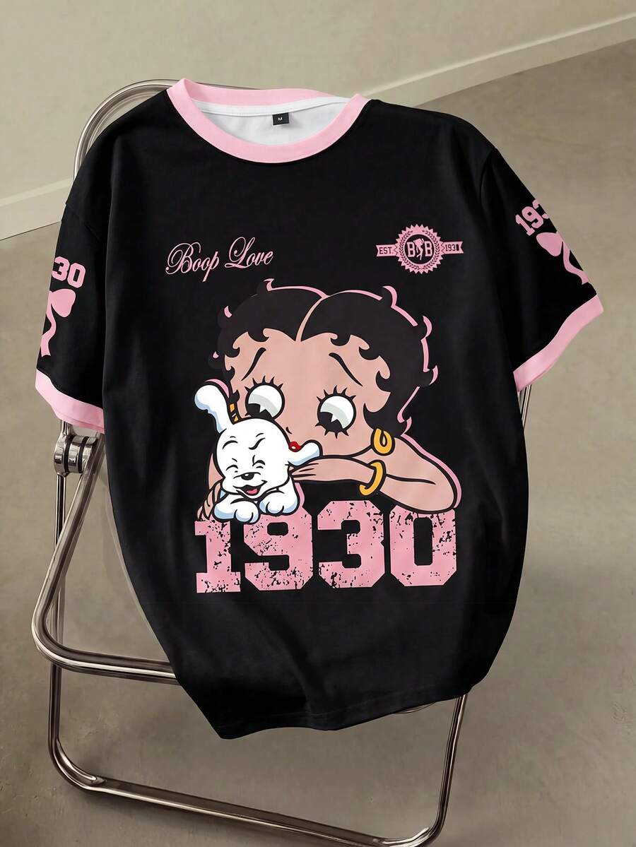 Betty Boop x SHEIN 女士休闲撞色滚边卡通图案圆领短袖T恤,夏季 - 白色 - 查看 1
