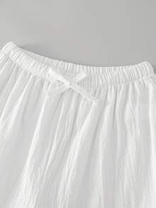 SHEIN 青少年女孩春夏海灘度假休閒日常居家穿著 百搭 100%純棉梭織舒適素色寬鬆長褲附口袋 - 白色 - 查看 7