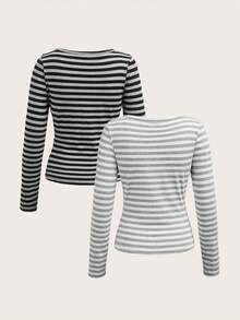 SHEIN EZwear 休閒簡約秋季新款 96% 棉彈力針織條紋兩件套 女款棉條紋半開鈕扣 T 恤上衣，適合日常通勤、聚會、秋冬春夏、聖誕節、新年、感恩節、派對、婚禮、海灘、畢業典禮、優雅、外出、約會、通勤、情人節 - 彩色 - 查看 2