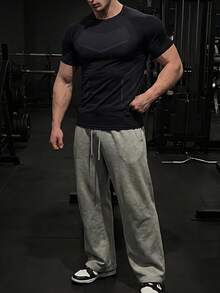 GymBeat 男士纯色休闲百搭日常运动T恤，健身 - 黑色 - 查看 5