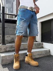 Manfinity EMRG Men's American Hip-Hop Street Style Star Patch Raw Hem Loose Wide Leg Pants - Medium Wash - View 3