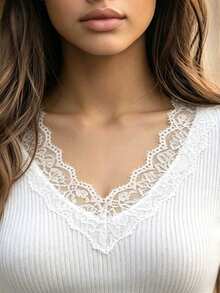 SHEIN LUNE Women's Fashion Lace Patchwork Long Sleeve French Style Sweater For Daily Wear - White - View 6