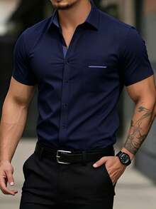 Manfinity Mode Men's Navy Blue Color Button-Up Short Sleeve Casual Formal Shirt, Daily Wear - Navy Blue - View 1