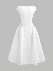 Girlism Tween Girls Dresses Spring Summer New White Woven Satin Casual Elegant Vintage Long Puff Skirt, Vintage Waist-Cinching Dress, Elegant Ruched Large A-Line White Dress, Suitable For Weddings, Dates, Outings, Cute, French White Waist-Cinching Dress - White - View 6