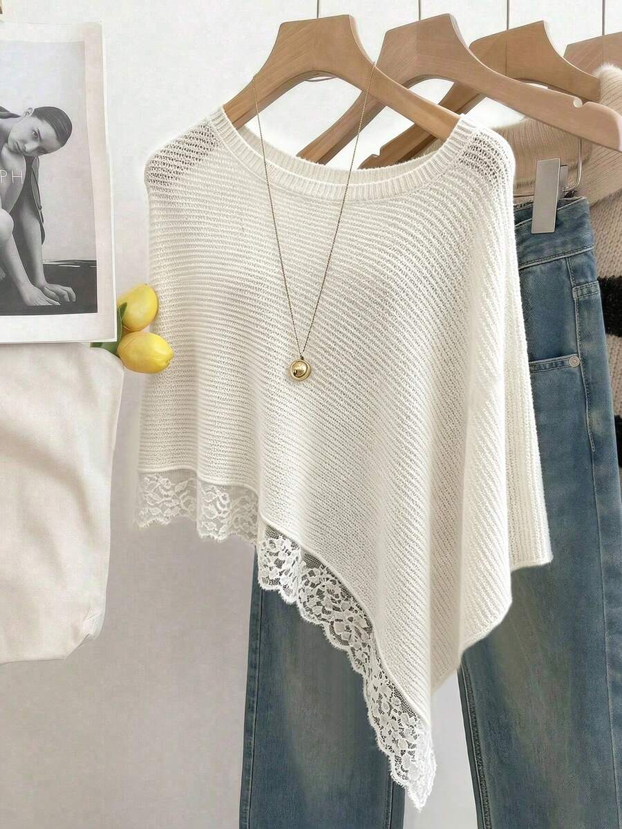 Ritzy Row Women's Contrast Lace Asymmetric Hem Loose Poncho Sweater