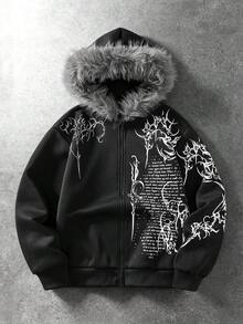 ROMWE MEN Goth 男士深色哥德風刺青圖案字母印花街頭風寬鬆毛領連帽衛衣 - 黑色 - 查看 1
