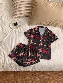 Joivida Set Piyama 2 Potong Lengan Pendek Celana Pendek Motif Kasual Pakaian Rumah Wanita - Hitam - View 5