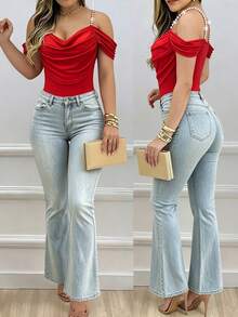 INAWLY Women's Solid Color Ruched Fitted Versatile Daily Wear Bodysuit - Red - View 2