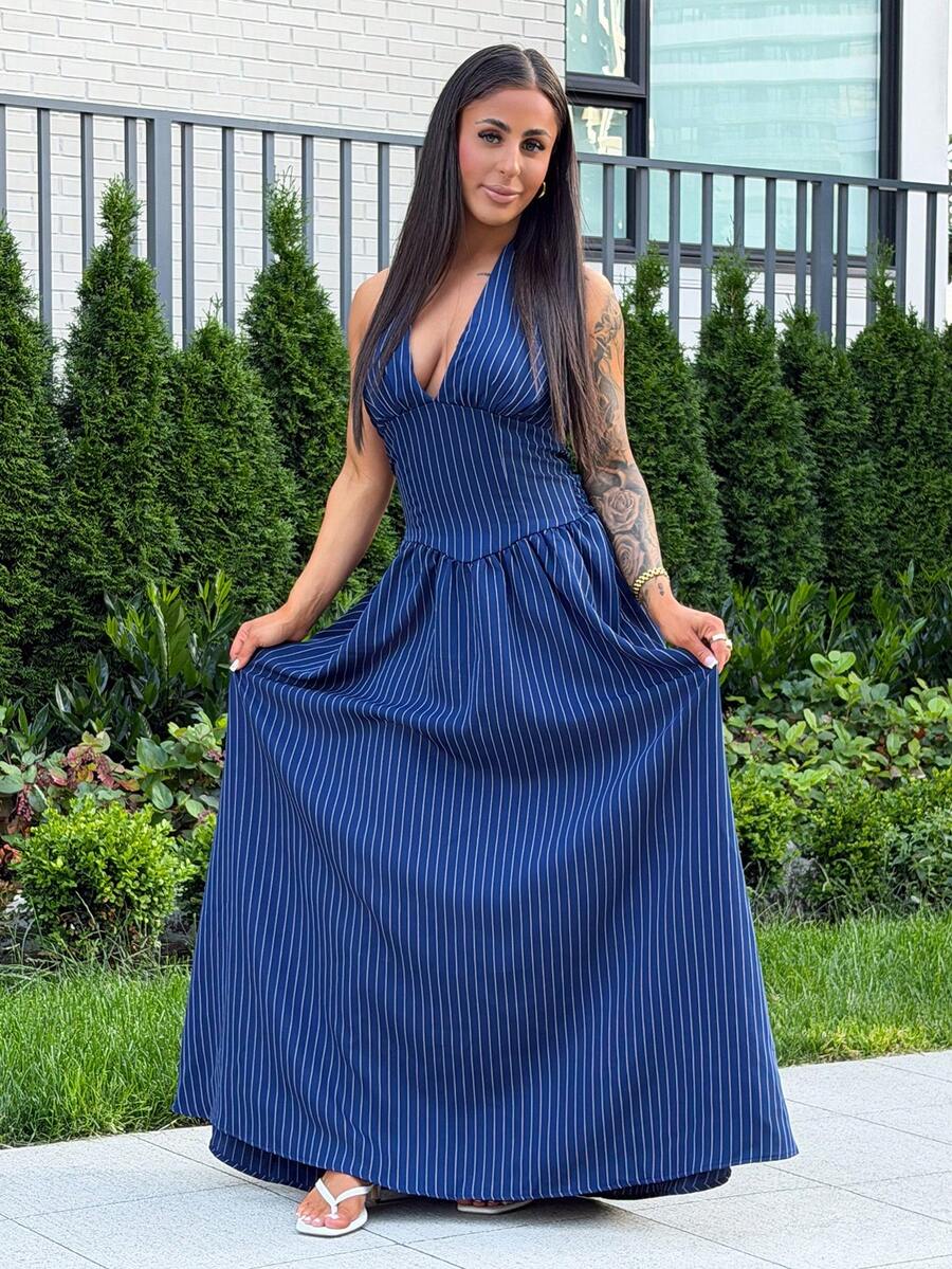SAYEHFBABY Elegant Summer Navy Blue And White Striped Halter Neck Maxi Dress,Flowy Skirt Bodycon Waist Vacation Women's Dress For Dinner Party,Formal Wear - Blue - View 1