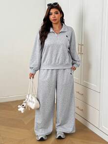 SHEIN EZwear Plus Size Women's Equestrian Pattern Long Sleeve Top And Pants Casual Daily Outfit Fall - Grey - View 6