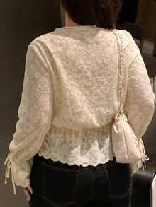 Dazy Plus Plus Size Solid Color Lace Fitted Drawstring Hem Ruffle Tie Elegant Vacation Spring/Autumn Blouse Shirt - Apricot - View 3