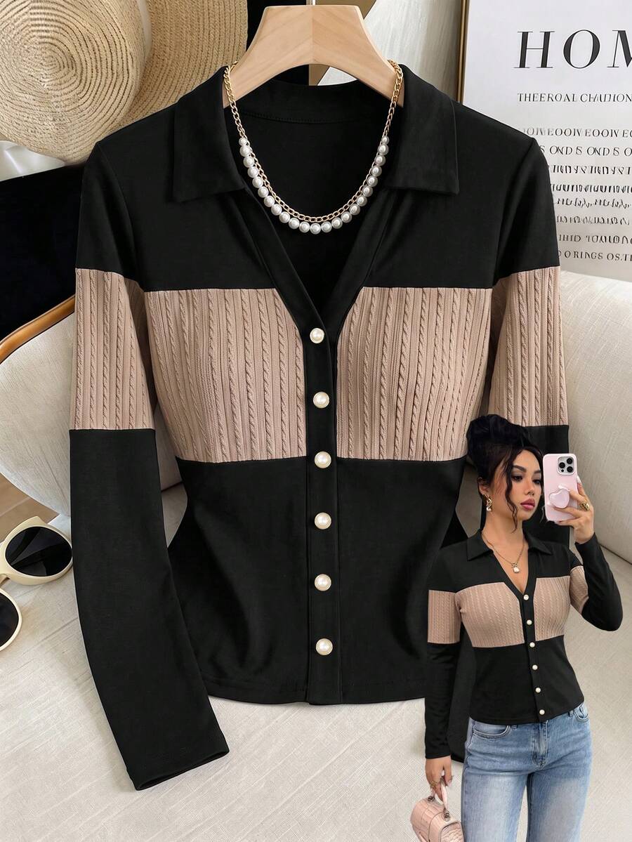 GlowEve CURVE Women's Fashion Elegant Long Sleeve Turn Collar Colorblock Button T-Shirt, Suitable For Daily Commute And Home Wear - Black - View 1